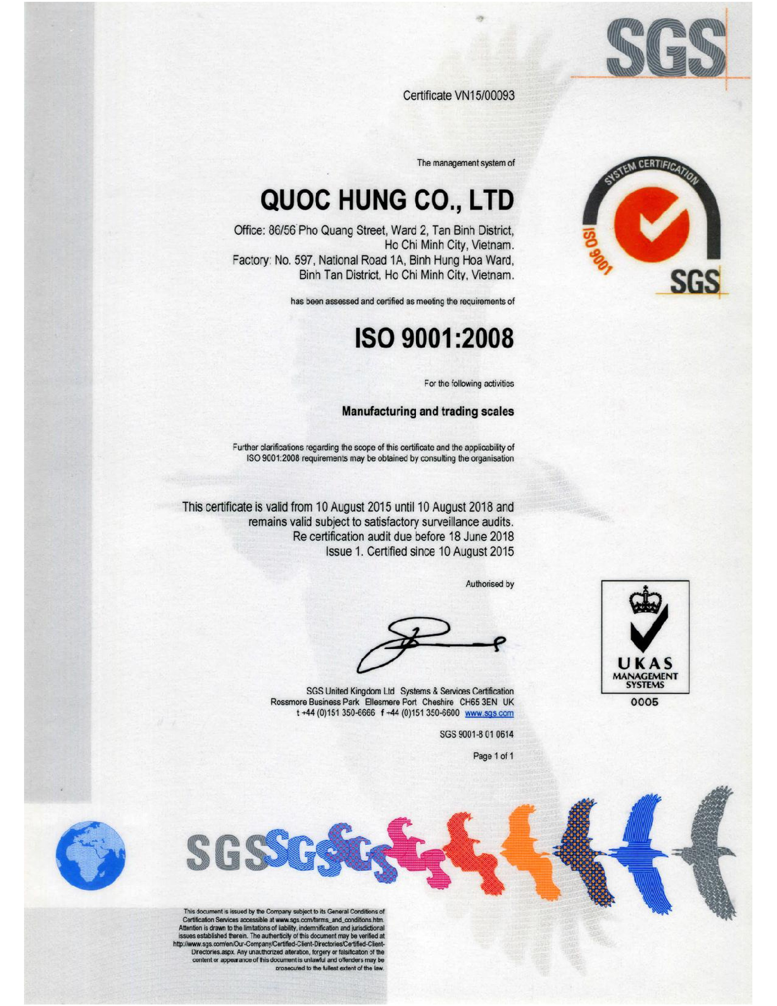 CÂN ĐIỆN TỬ QUỐC HÙNG ĐẠT CHỨNG NHẬN ISO 9001:2008